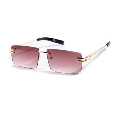 Men's Burgundy Tint Gold Frame Rimless Rectangular Sunglasses