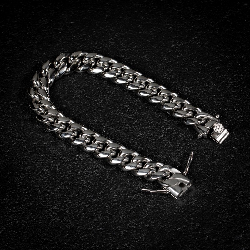 White Gold Plated Stainless Steel Men&#39;s Miami Cuban Link Bracelet