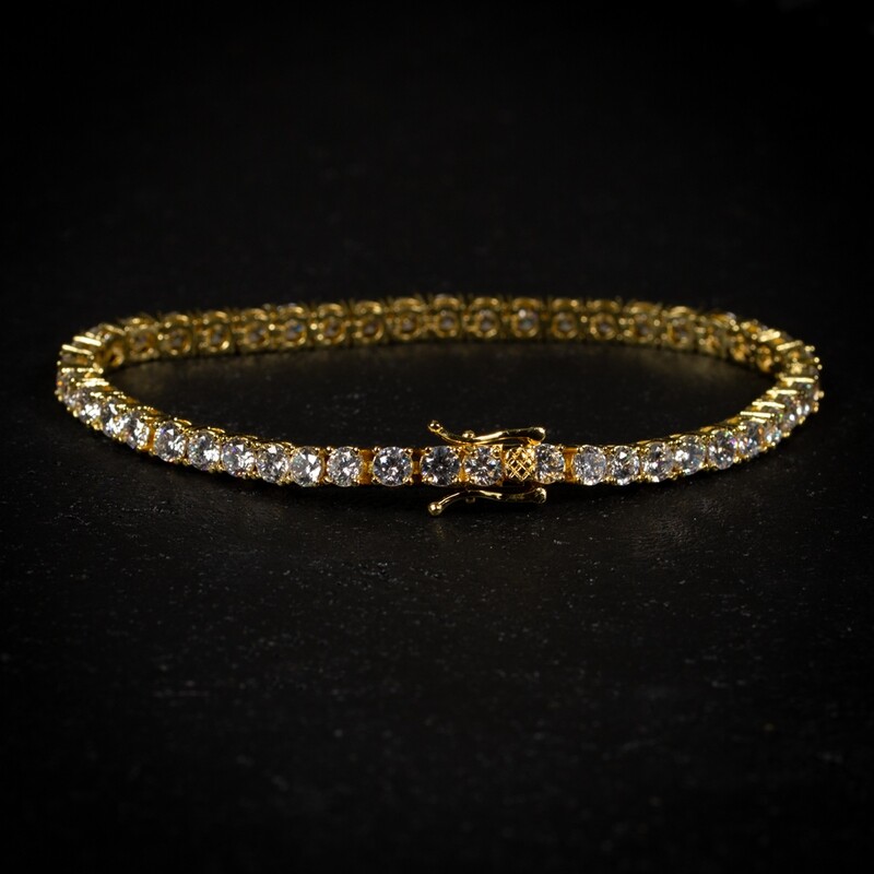 Mens 14K Yellow Gold Iced Round Pointer Cz Tennis Bracelet​