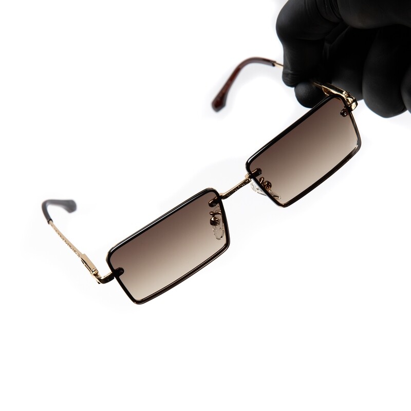 Brown Tint Rectangular Rimless Gold Frame Sunglasses