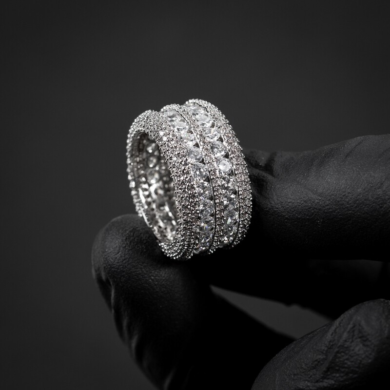 Two Row Men&#39;s White Gold Plated Iced Pointer Eternity Ring