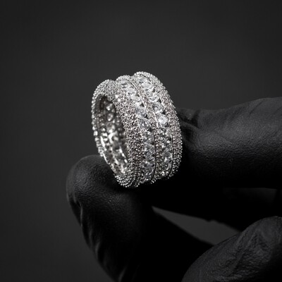 Two Row Men&#39;s White Gold Plated Iced Pointer Eternity Ring