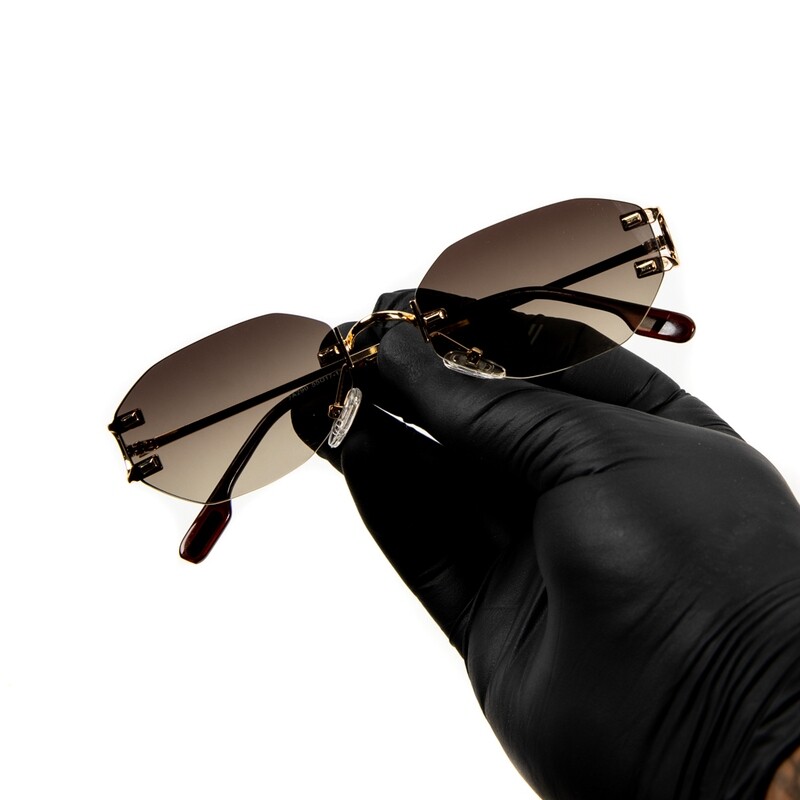 Gold Frame Brown Tint Oval Rimless Men&#39;s Hip Hop Sunglasses