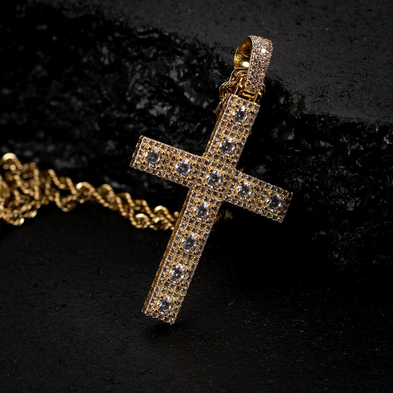 14K Gold Plated Iced Cz Pointer Men&#39;s Cross Pendant Necklace