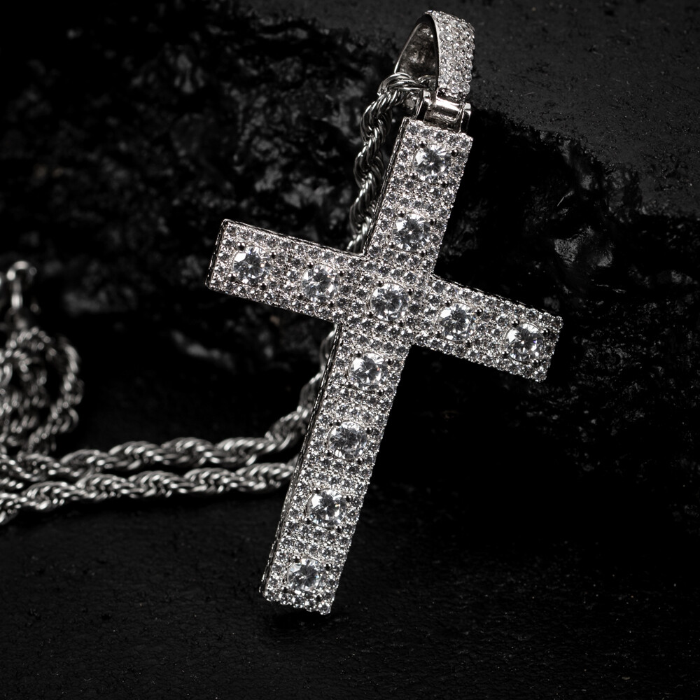 White Gold Plated Iced Cz Pointer Men's Cross Pendant Necklace
