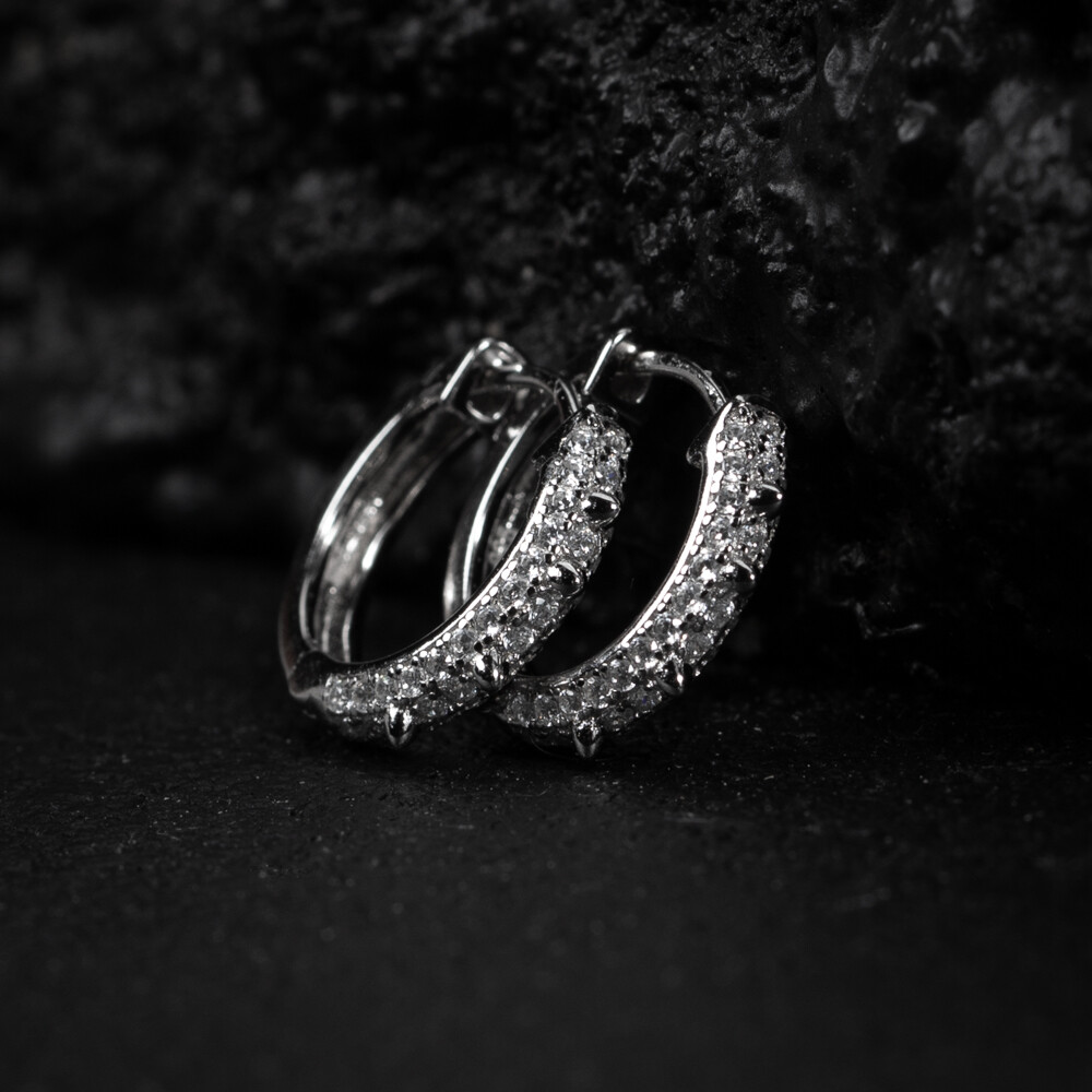 Small Men's 925 Sterling Silver Iced Spike Hoop Earrings Small Men's 925 Sterling Silver Iced Spike Hoop Earrings