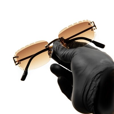 Men's Brown Tint Rimless Diamond Cut Gold Frame Hip Hop Sunglasses