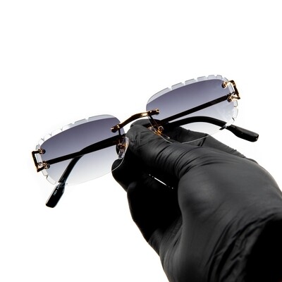 Men's Purple Tint Rimless Diamond Cut Gold Frame Hip Hop Sunglasses