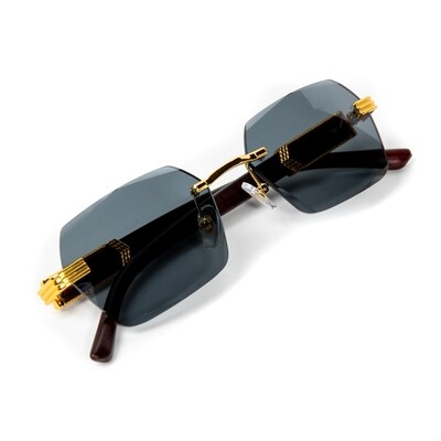 Men's Rimless Gold Frame Gray Tint Woodgrain Sunglasses