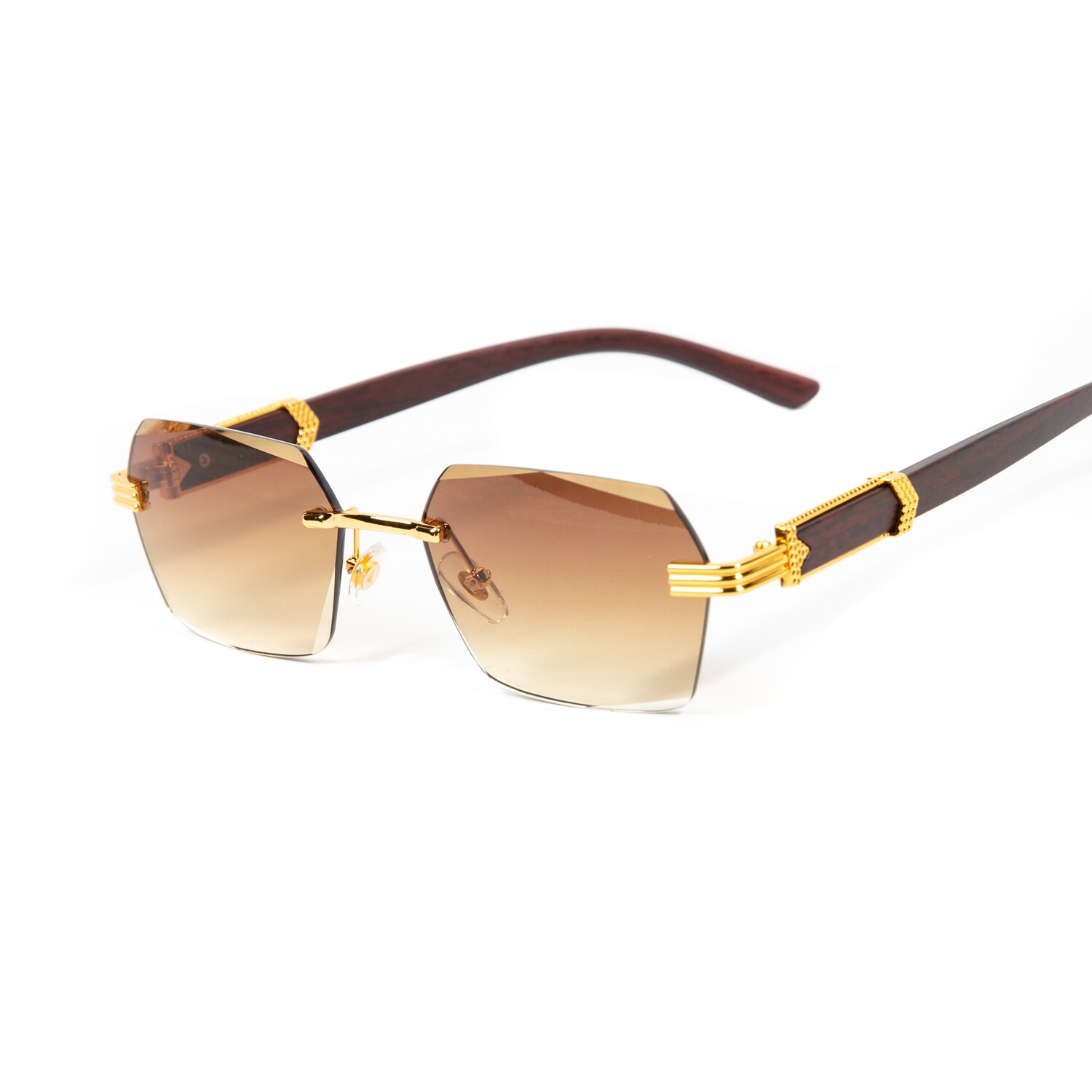 Men's Rimless Gold Frame Brown Tint Woodgrain Sunglasses