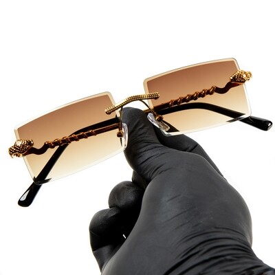 Men's Rimless Gold Frame Brown Tint King Snake Sunglasses
