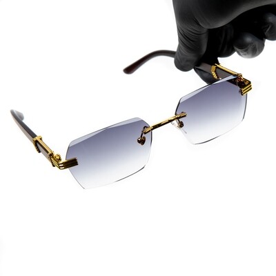 Men's Rimless Gold Frame Purple Tint Woodgrain Sunglasses