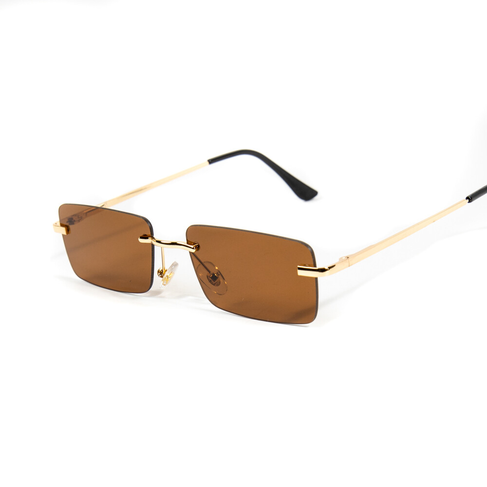 Mens Rectangular Brown Tint Gold Frame Rimless Sunglasses