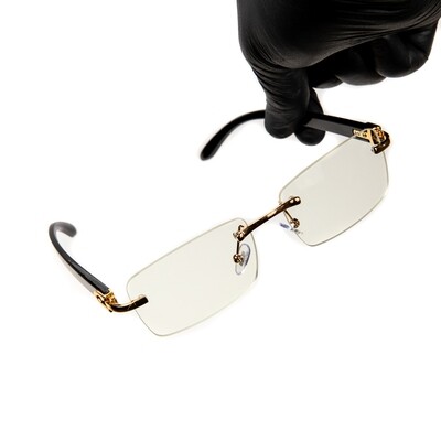 Mens Rimless Gold Frame Black Woodgrain Clear Lens Glasses