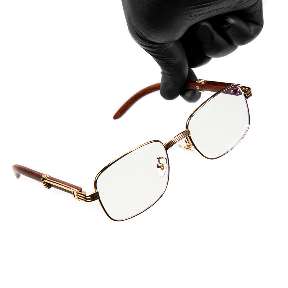Woodgrain Mens Vintage Gold Frame Clear Lens Glasses