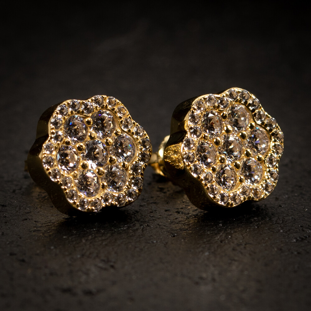 Men&#39;s Gold Large Iced Flower Cluster Stud Earrings