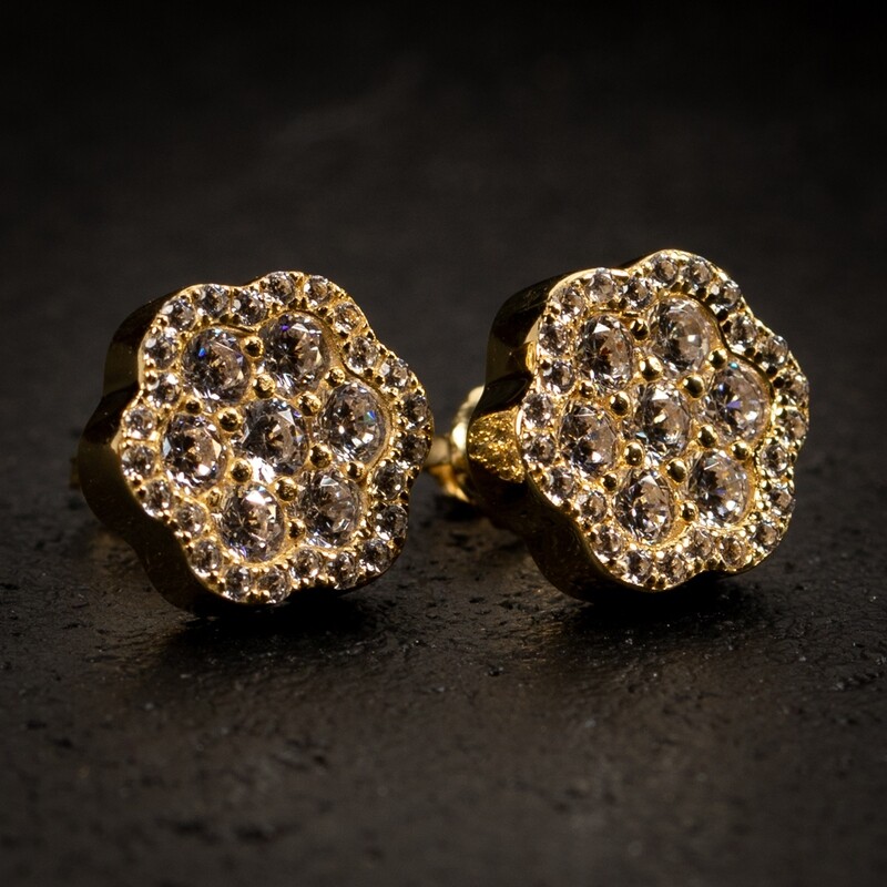 Men's Gold Large Iced Flower Cluster Stud Earrings