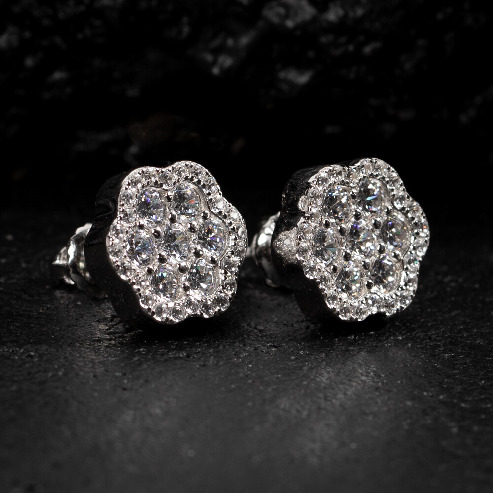Large Men&#39;s Flower Set Sterling Iced Cluster Stud Earrings