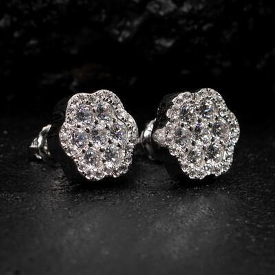 Large Men&#39;s Flower Set Sterling Iced Cluster Stud Earrings