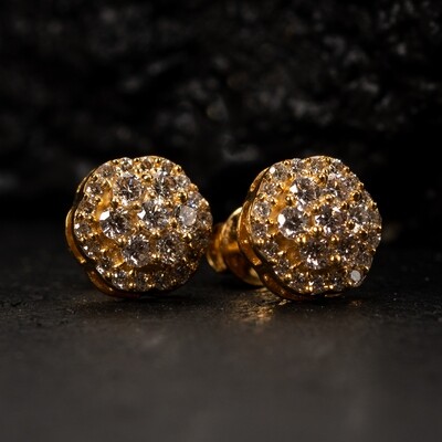Men's Authentic 14K Yellow Gold Flower Cluster 0.70Ct Diamond Stud Earrings