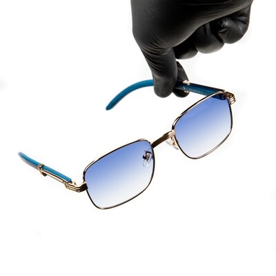 Men&#39;s Woodgrain Vintage Gold Frame Sky Blue Tint Lens Pilot Sunglasses