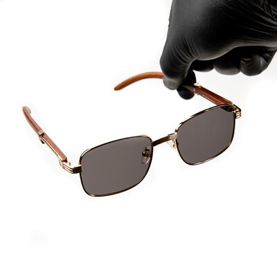 Men's Woodgrain Vintage Gold Frame Black Tint Lens Pilot Sunglasses
