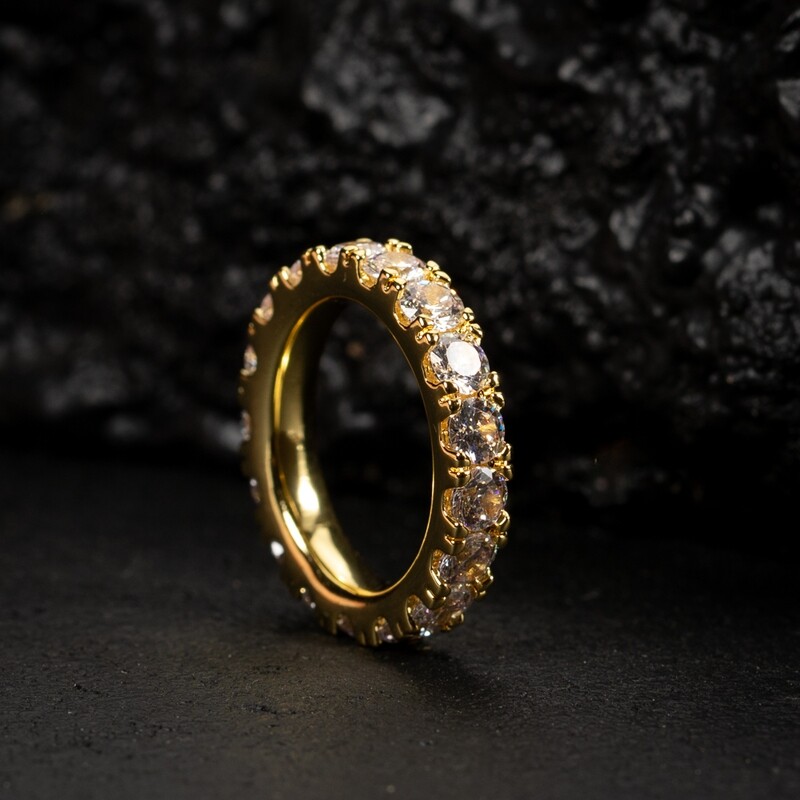 Men&#39;s 14K Yellow Gold Plated Iced Pointer Eternity Statement Ring