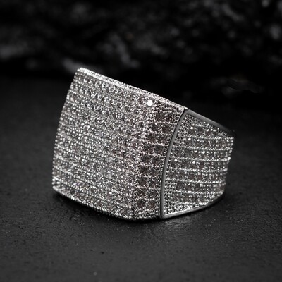 Large Iced Cz Micro Pave White Gold Plated Pinky Ring