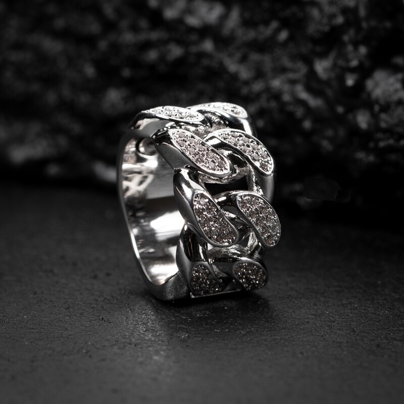 White Gold Plated Iced Cz Men&#39;s Cuban Link Statement Pinky Ring