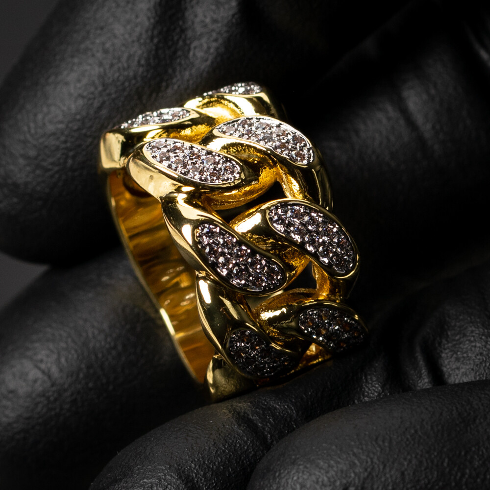 Two Tone Yellow Gold Plated Iced Cz Men&#39;s Cuban Link Pinky Ring
