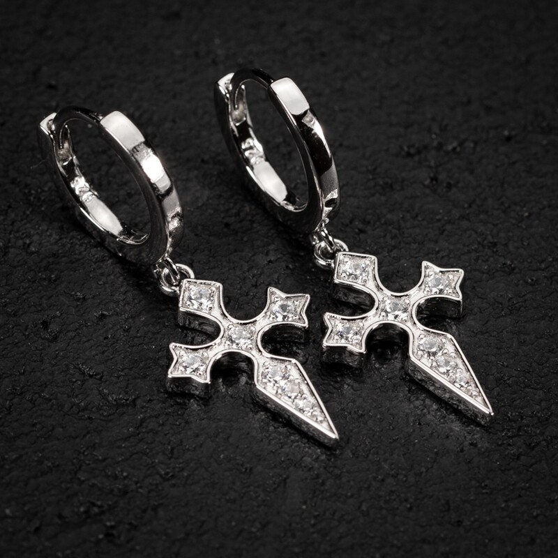 Men&#39;s 925 Sterling Silver Iced Dagger Hanging Cross Hoop Earrings