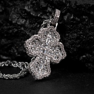 White Gold Plated Fully Iced Cz Baguette Clover Cross Pendant Necklace