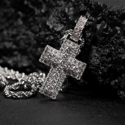 Iced Pointer White Gold Plated Cross Pendant Necklace