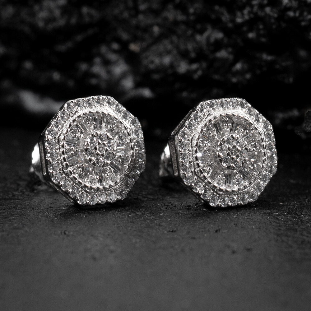 White Gold Plated 925 Sterling Iced Cz Octagonal Stud Screw Back Earrings