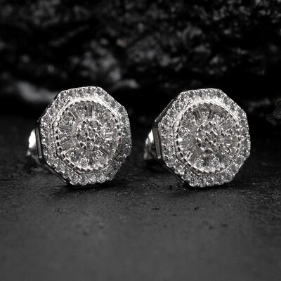 White Gold Plated 925 Sterling Iced Cz Octagonal Stud Screw Back Earrings