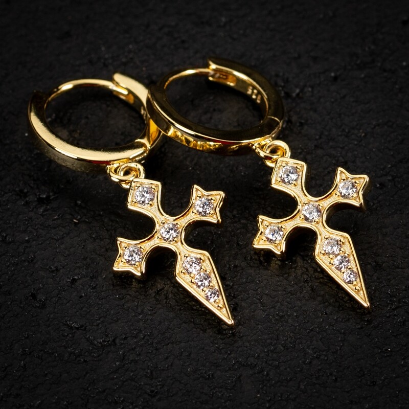 Men&#39;s Gold 925 Sterling Silver Iced Dagger Hanging Cross Hoop Earrings​
