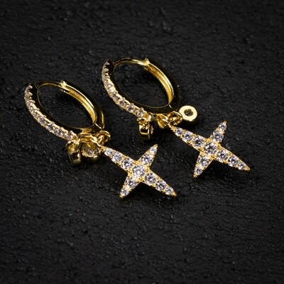 Mini Yellow Gold Plated Sterling Silver Micro  Dangle Cross Hoop Earrings