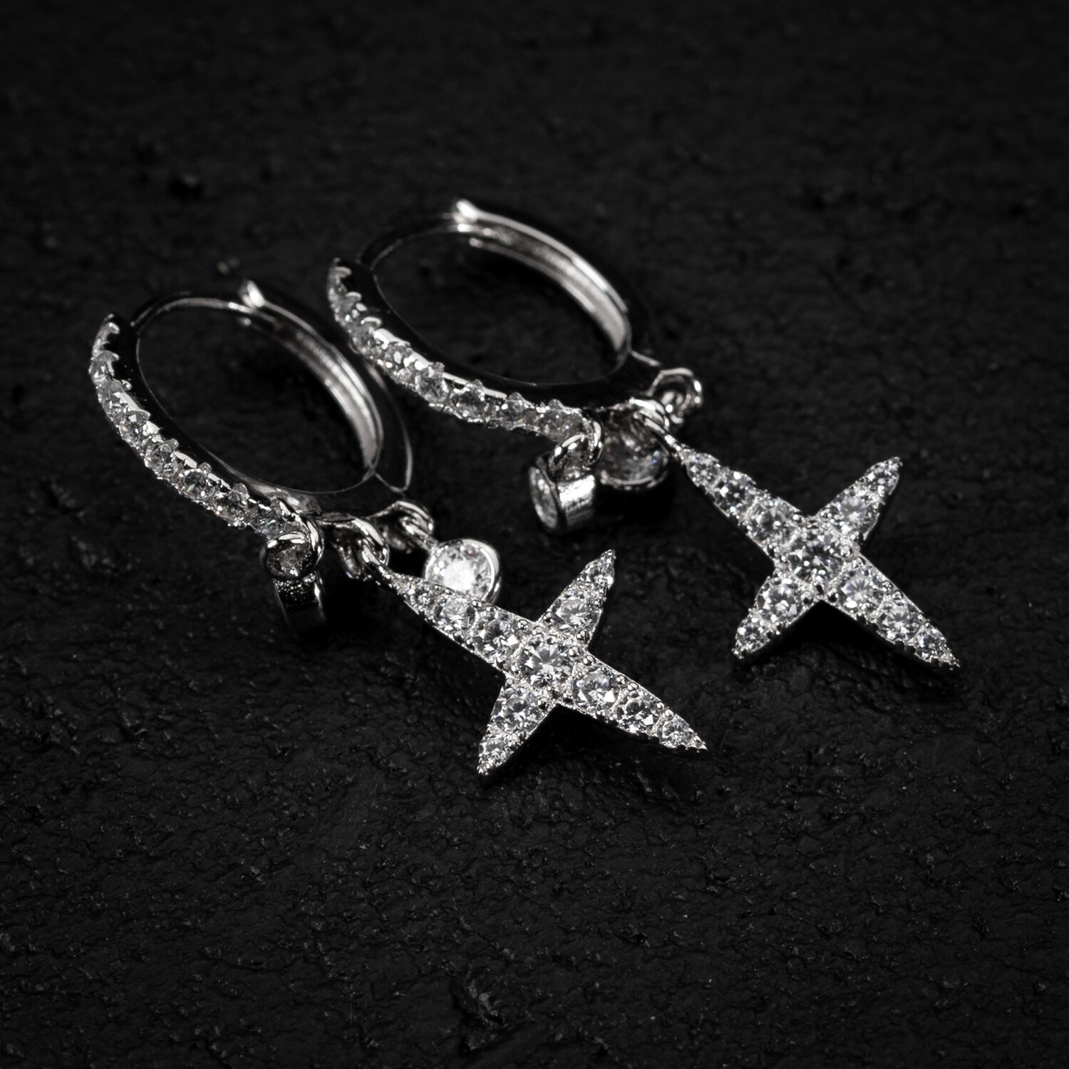 Mini White Gold Plated Sterling Silver Micro Dangle Cross Hoop Earrings