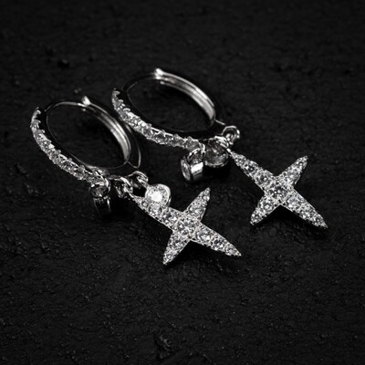 Mini White Gold Plated Sterling Silver Micro Dangle Cross Hoop Earrings