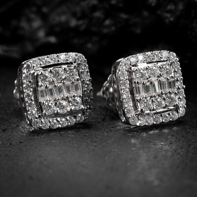 Moissanite Men&#39;s Square 925 Sterling Silver Iced Stud Earrings