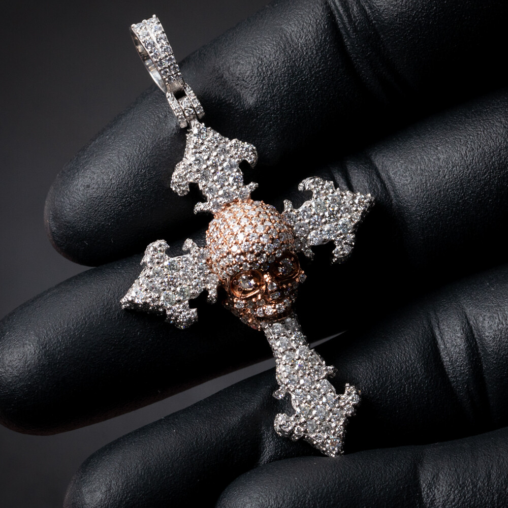 Moissanite White And Rose Gold 925 Sterling Silver Skull Cross Pendant