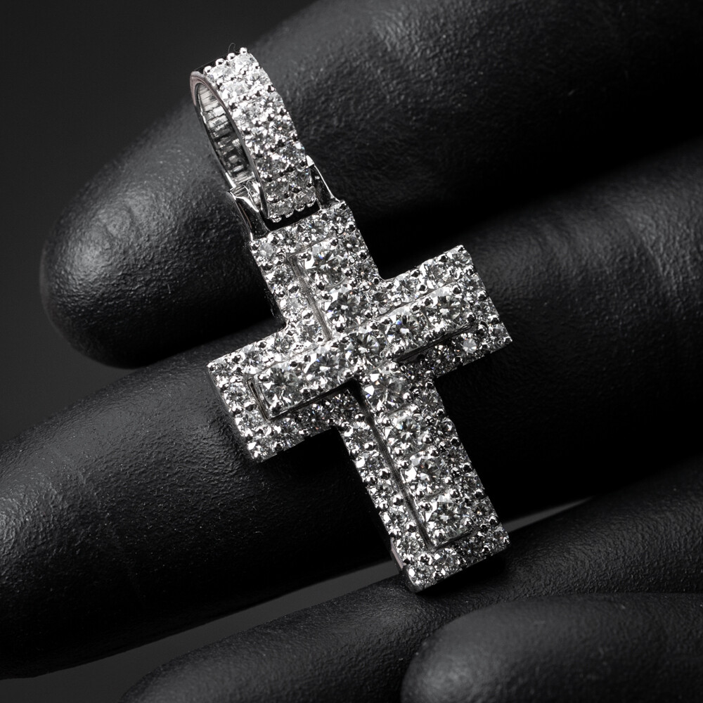 Moissanite White Gold Plated 925 Sterling Silver Pointer Cross Pendant