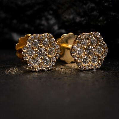 Flower Cluster 10K Yellow Gold Natural Diamond Screw Back Stud Earrings