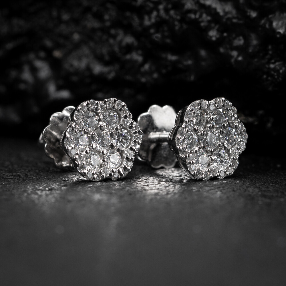 VVS D Color 0.76Ct Moissanite White Gold Plated 925 Sterling Silver Men&#39;s Small Flower Cluster Hip Hop Stud Earrings