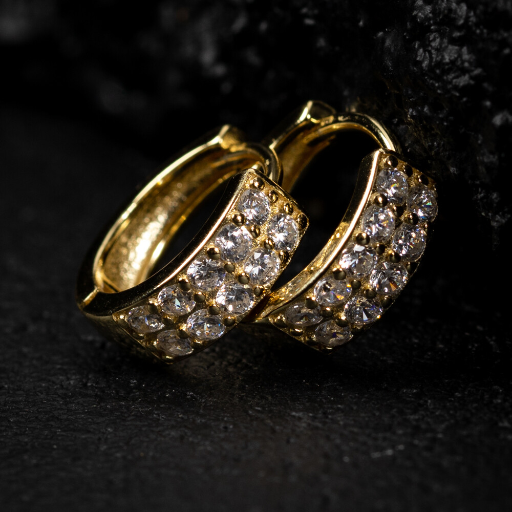 Men's Yellow Gold Plated Sterling Silver Two Row Iced Cz Hoop Earrings Men's Yellow Gold Plated Sterling Silver Two Row Iced Cz Hoop Earrings
