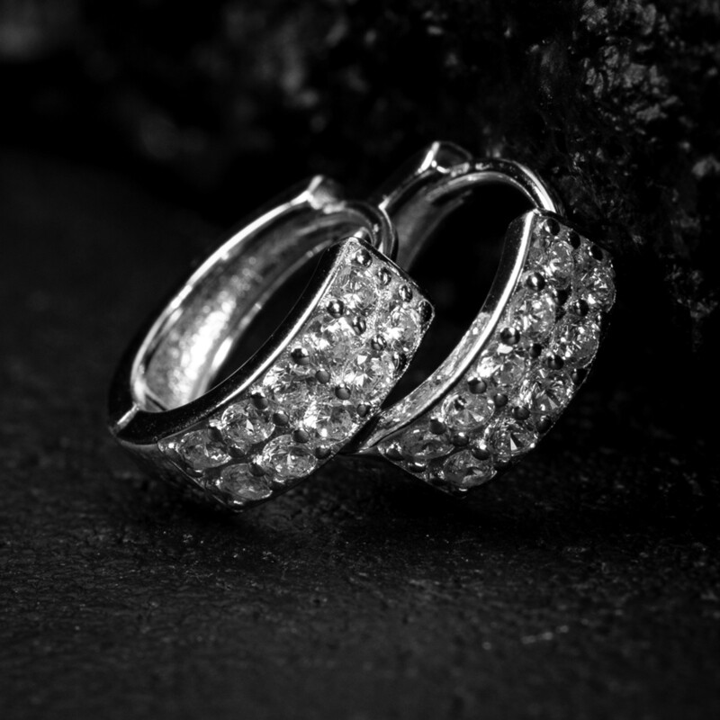 Men&#39;s White Gold Plated Sterling Silver Two Row Iced Cz Hoop Earrings