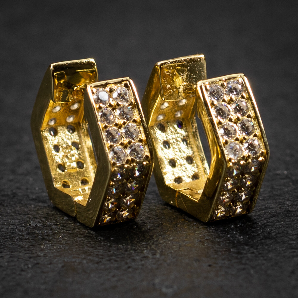 Men&#39;s Gold Sterling Silver Iced Octagon Hoop Earrings