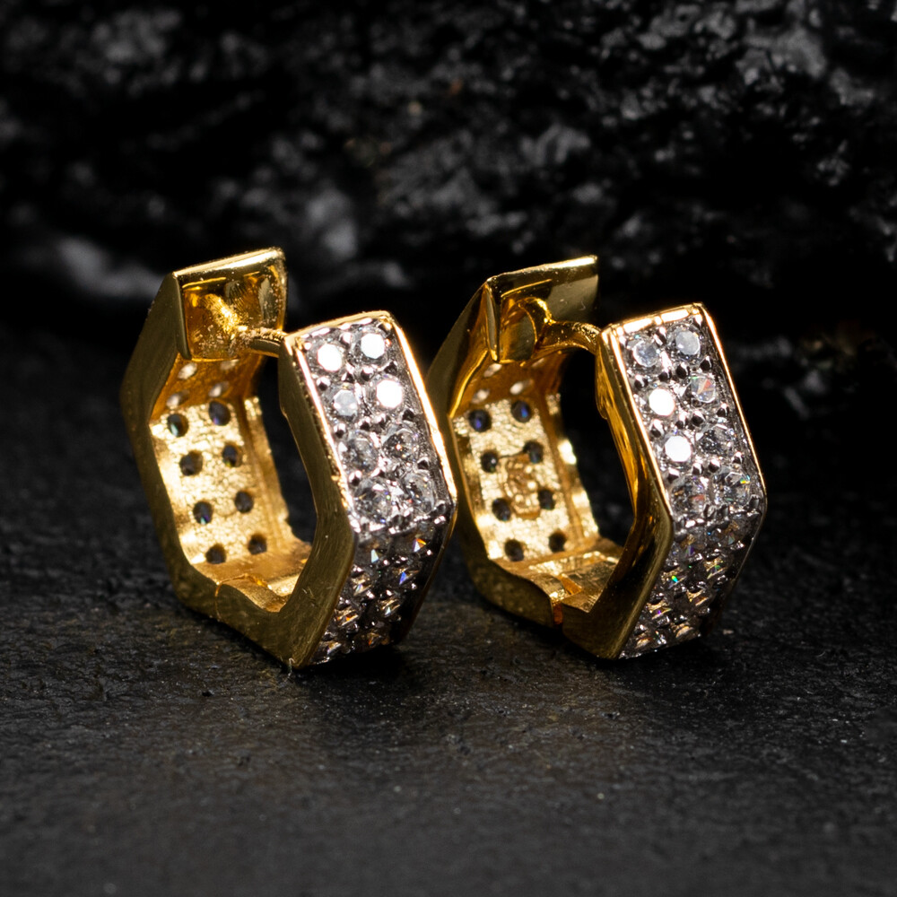 Men's Two Tone Sterling Silver Iced Hoop Earrings Men's Two Tone Sterling Silver Iced Hoop Earrings