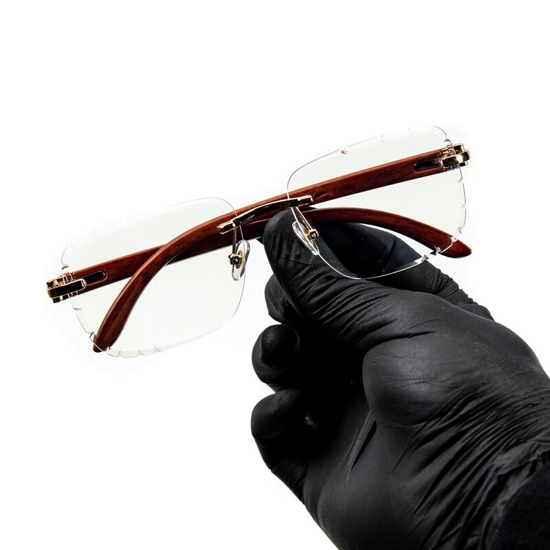 Men&#39;s Rimless Diamond Cut Woodgrain Gold Frame Clear Lens Glasses