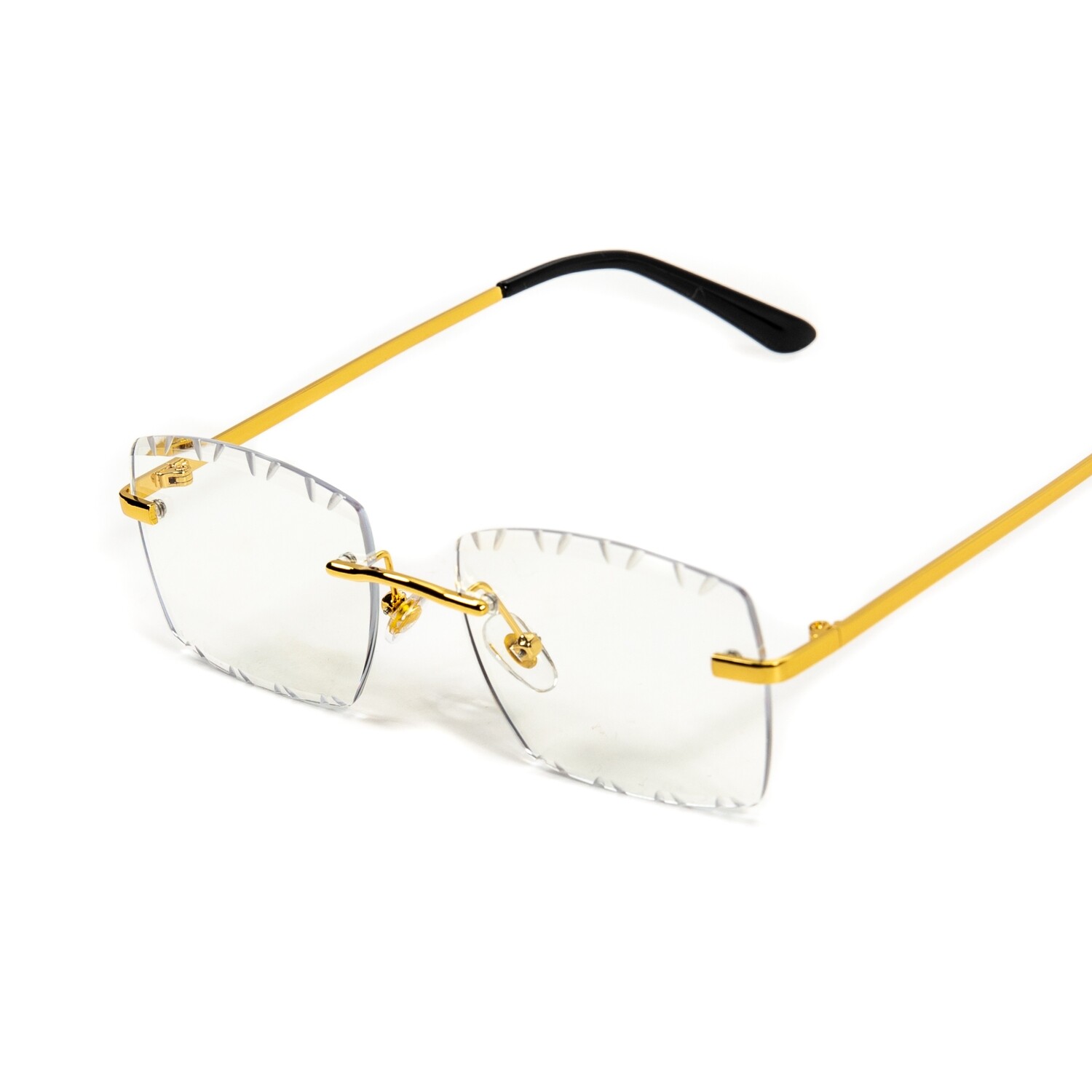 Men's Gold Frame Rimless Diamond Cut Clear Lens Glasses